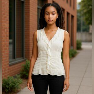 WD-NY 100% Silk Cream Sleeveless Ruffle Blouse Women’s Size M